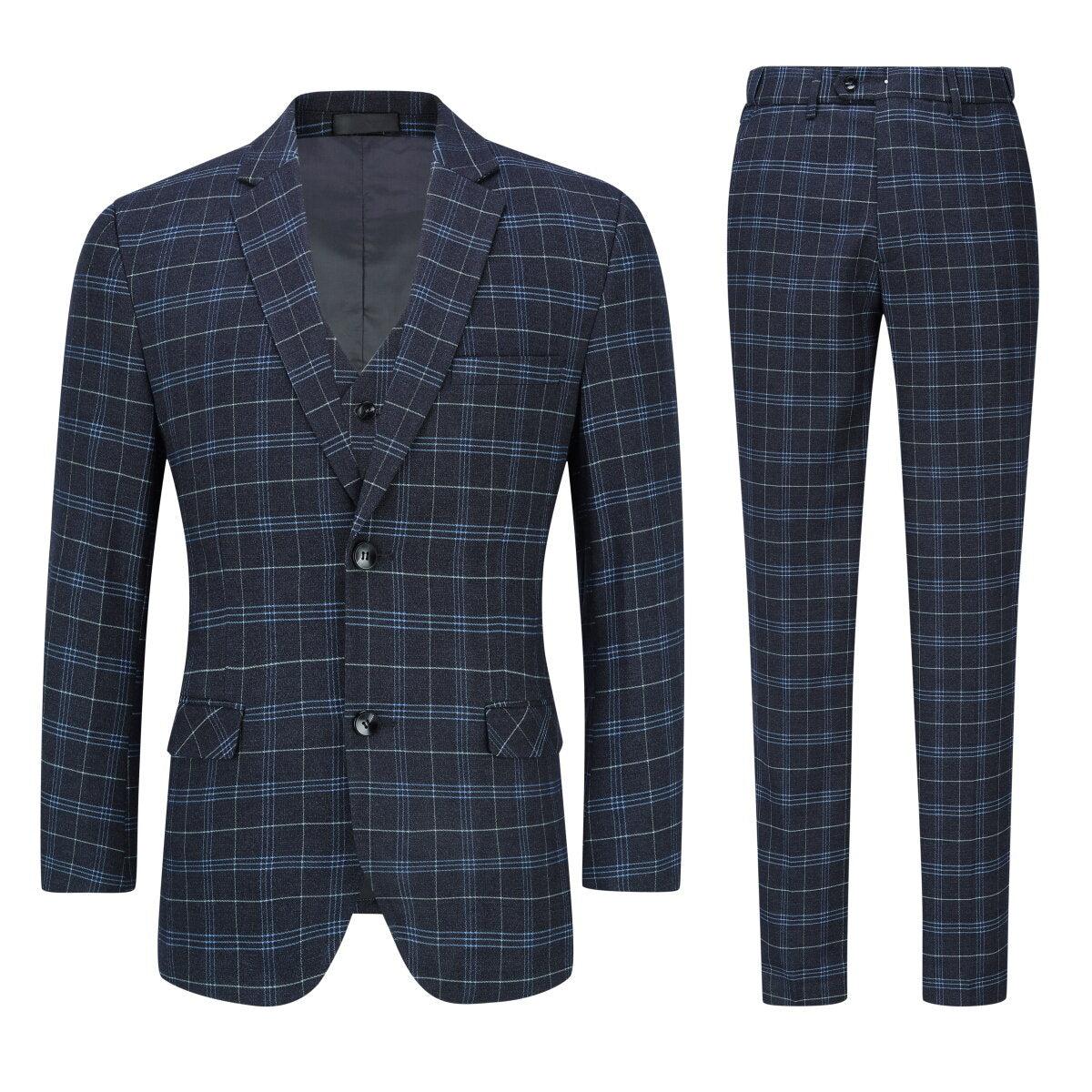 3-teiliger Slim Fit Herrenanzug mit Vintage-Karomuster, schwarz