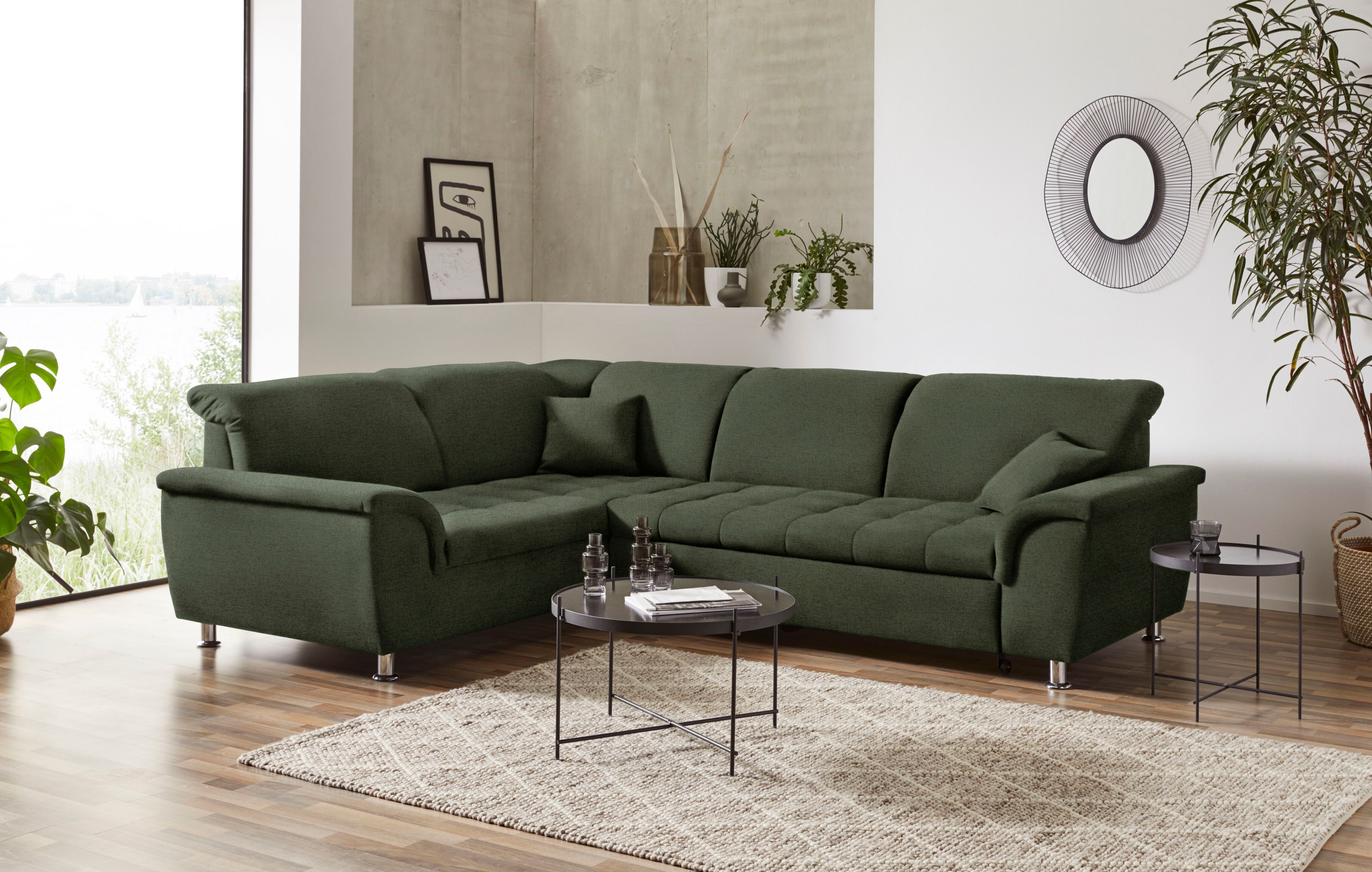 Ecksofa DOMO COLLECTION "FRANZI zeitlos und elegant, moderne Sitzheftung, L-Form", grün, B:267cm H:81cm T:214cm, Sofas, Ecksofa, wahlweise mit Kopfteilverstellung (dann Breite: 275 cm) grün B/H/T: 267cm x 81cm x 214cm, Struktur fein, langer Schenkel recht