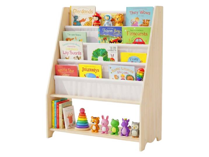 Relaxdays Kinderbücherregal Natur Weiß 4-Stofftaschen, Mehrfarbig, Holz, Textil, 64x78x28 cm, Baby- und Kindermöbel, Babyzimmer, Babyregal & Kinderregal