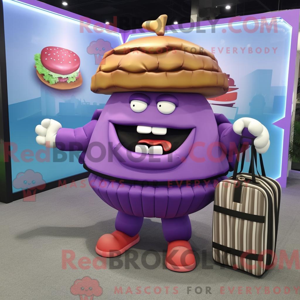 Maskottchenfigur REDBROKOLY eines lila Hamburgers mit Faltenrock und Aktentasche