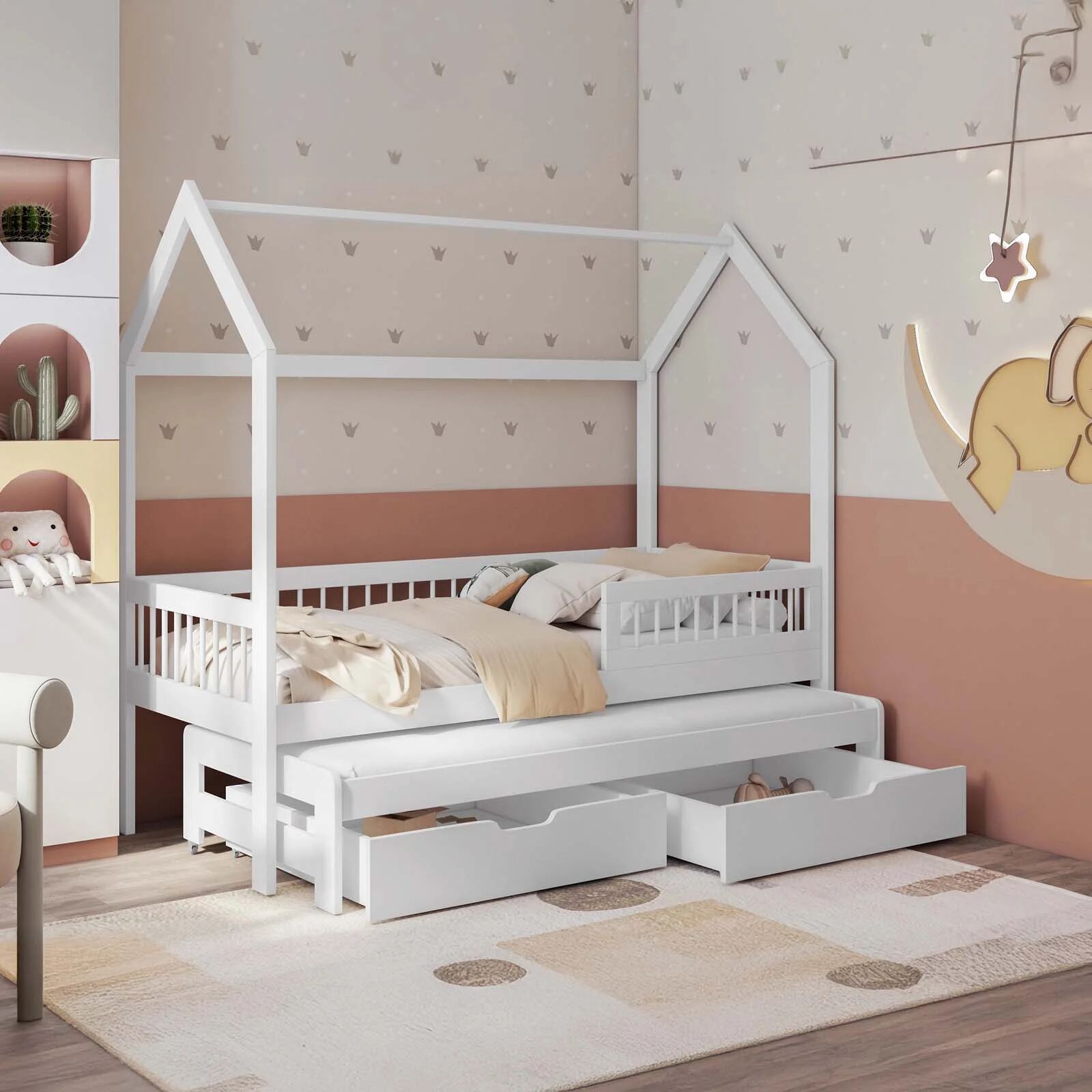garneroarredamenti Letto bambini Montessori a casetta 90x200cm con letto estraibile e cassettoni bianco opaco Homy