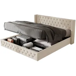 STILVORA Chesterfield Steele Bett 140x190 mit Hydraulikheber Stauraum Boxspringbett Flanellbezug in eleganter Quiltoptik Beige