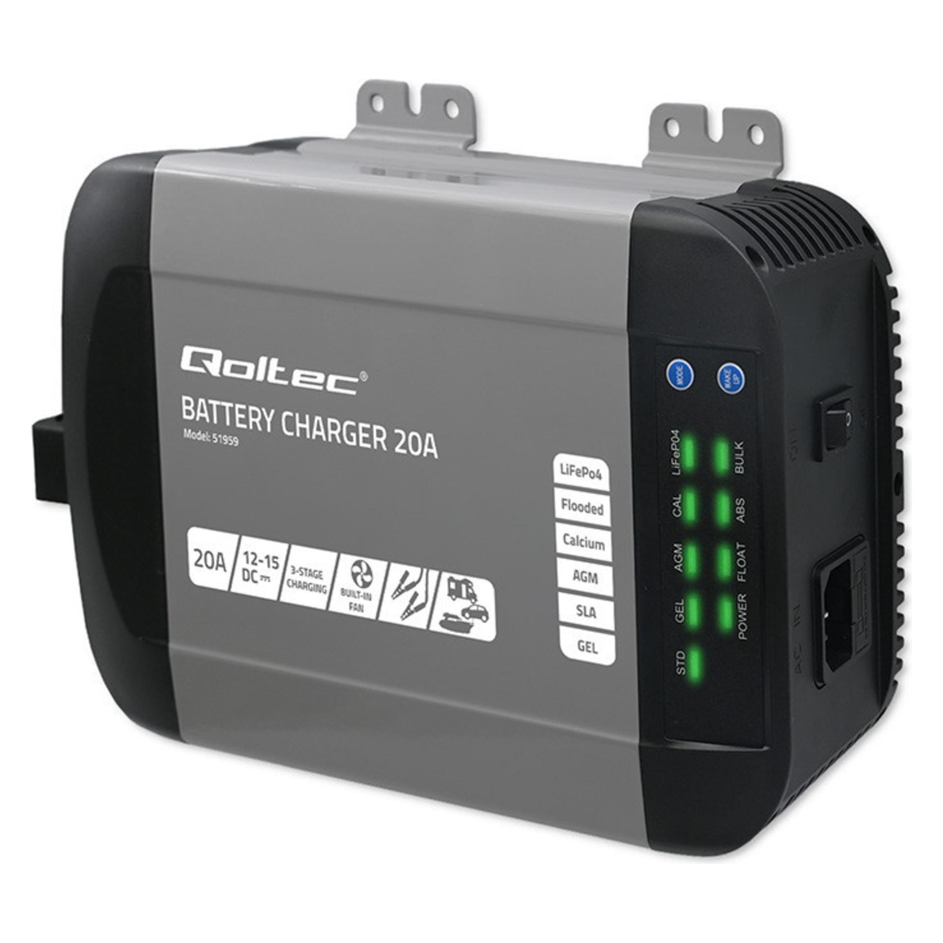 Qoltec Inteligentna ładowarka Monolith do akumulatorów LiFePO4 AGM GEL SLA | 20A | 12V (20 A, 12V) (51959)