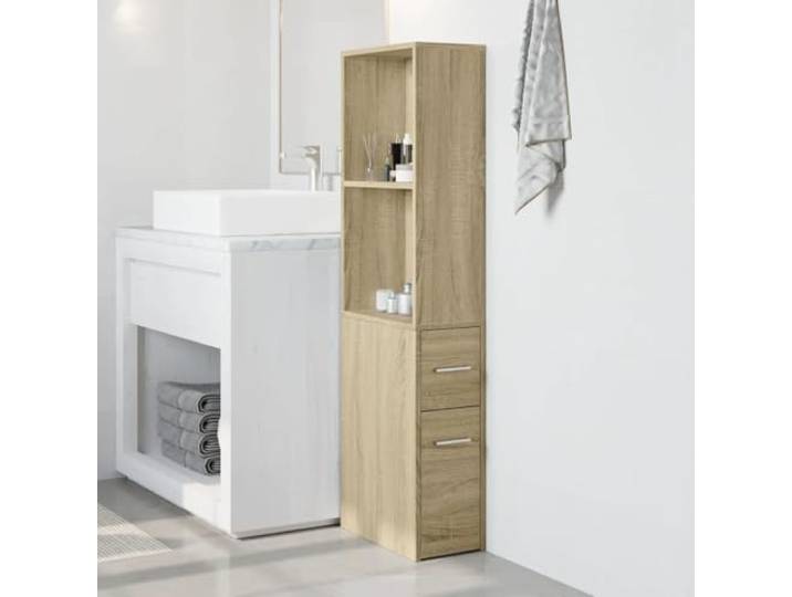 KTHLBRH Schmaler Badezimmerschrank mit Rollen, Eiche Sonoma, Spanplatte 135 cm hoch, 2 Schubladen, 3 Einlegeböden, Kapazität 80 kg, kippsicher, für Küche und Wohnzimmer