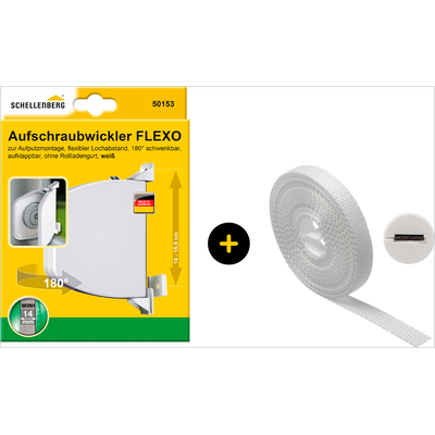Aufputz-Gurtwickler SCHELLENBERG "Flexo Rollladensystem Mini, inkl. Gurt weiß und Gurtführung", weiß, 1 Stk., Gurtwickler, Aufschraubwickler aufklappbar, höhenverstellbar, 180 schwenkbar weiß