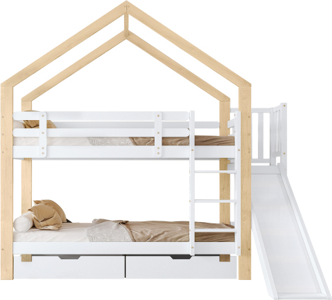 Etagenbett 90x200cm Mit Rutsche Dreistufige Winkelaufstiegsleiter Ohne Matratze Hausbett Mit Absturzsicherung Und 2 Schubladen Massivholz Weiss Natur