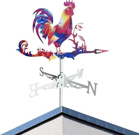 Metalen windwijzer met haan in multicolor voor in de tuin