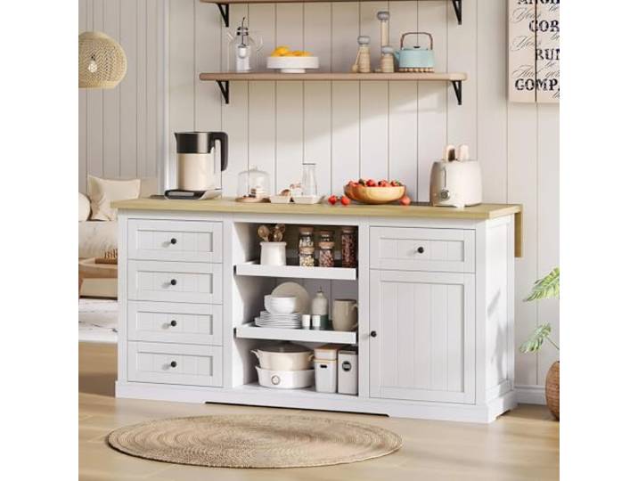 Ropilly Kücheninsel Sideboard Bar-Schrank Klappbar Weiß mit Steckdose