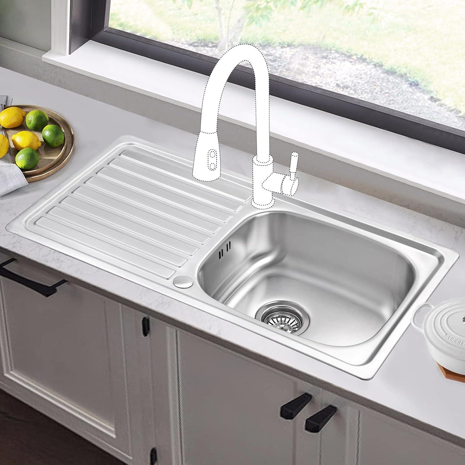 Edelstahl Küchenspüle mit 1 Becken 860x435mm, Reversible Einbauspüle mit Siphon und Überlaufgarnitur
