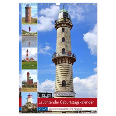 Leuchtender Geburtstagskalender - Leuchttürme an Ost-und Nordsee (Wandkalender 2026 DIN A3 hoch), CALVENDO Monatskalender