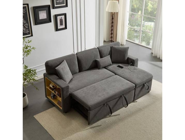 Canape D Angle Convertible Gris Fonce Sofa Reversible FloraGrace Pour Salon Avec Rangement 214x131x87cm