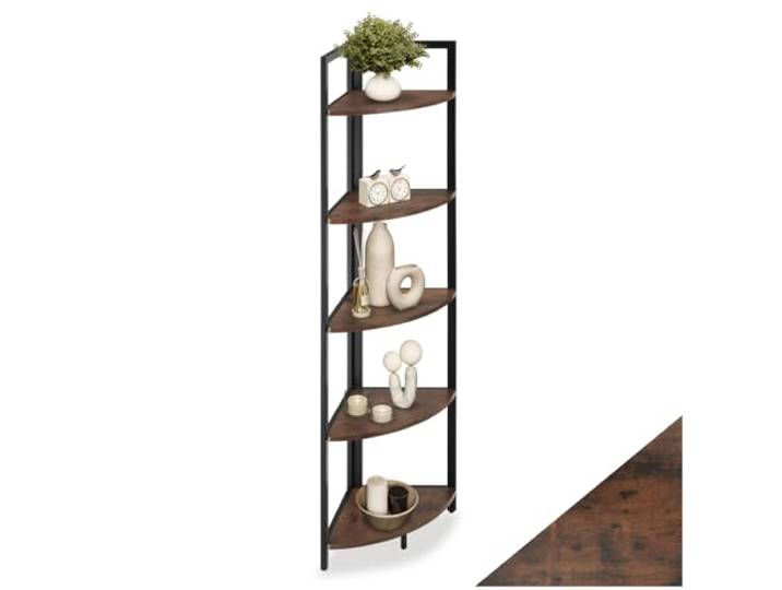 tectake® Eckregal stehend, Nischenregal mit 5 Ebenen, Wandregal Holz, Industrial Bücherregal, Eckschrank, Leiterregal, Zimmer Deko, 30 x 30 x 150 cm - Industrial Dunkelbraun