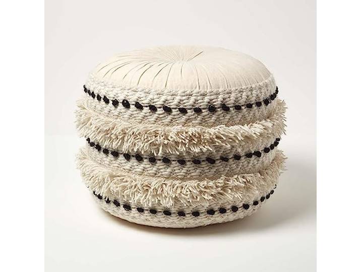 Homescapes Sahara Boho-Pouf schwarz-weiß 50x40 cm, Sitzpouf rund mit Sitzsack-Füllung, Pouf Hocker Makramee