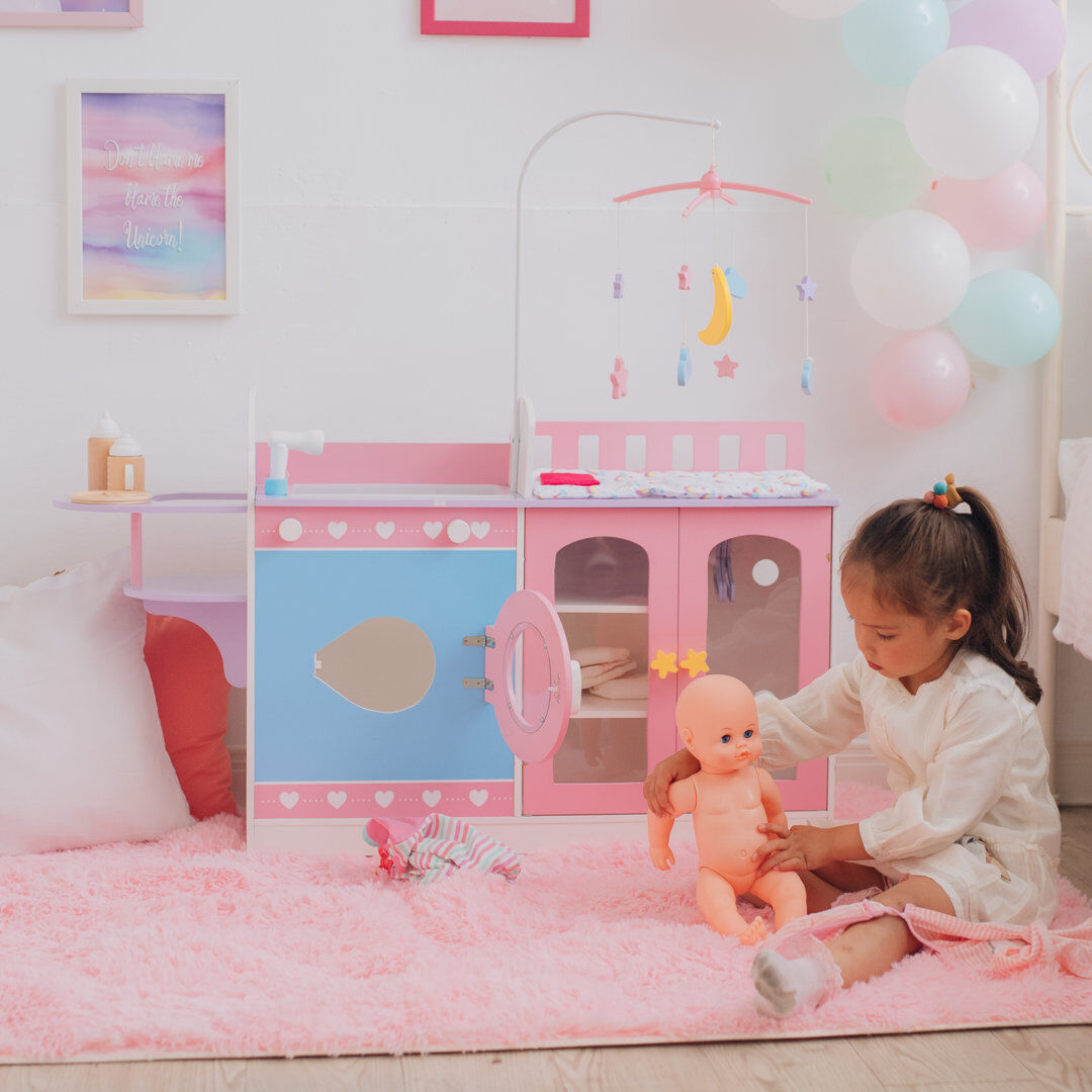 Olivia’s Little World by Teamson Kids Teamson Kids 6-in-1 Wooden Baby Doll Nursery Play Centre with Bedding and Mobile White 62.9cm H X 27.9cm W X 100.3cm D