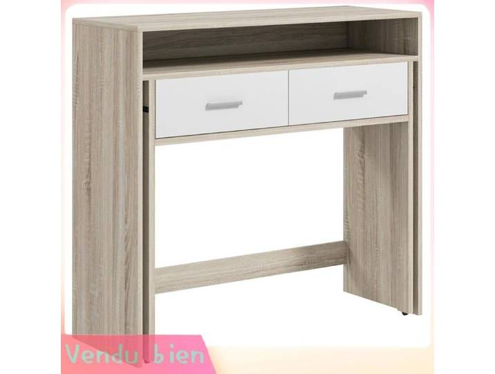 LIA Table console plateau coulissant 2 tiroirs aspect chêne 95x35x87cm