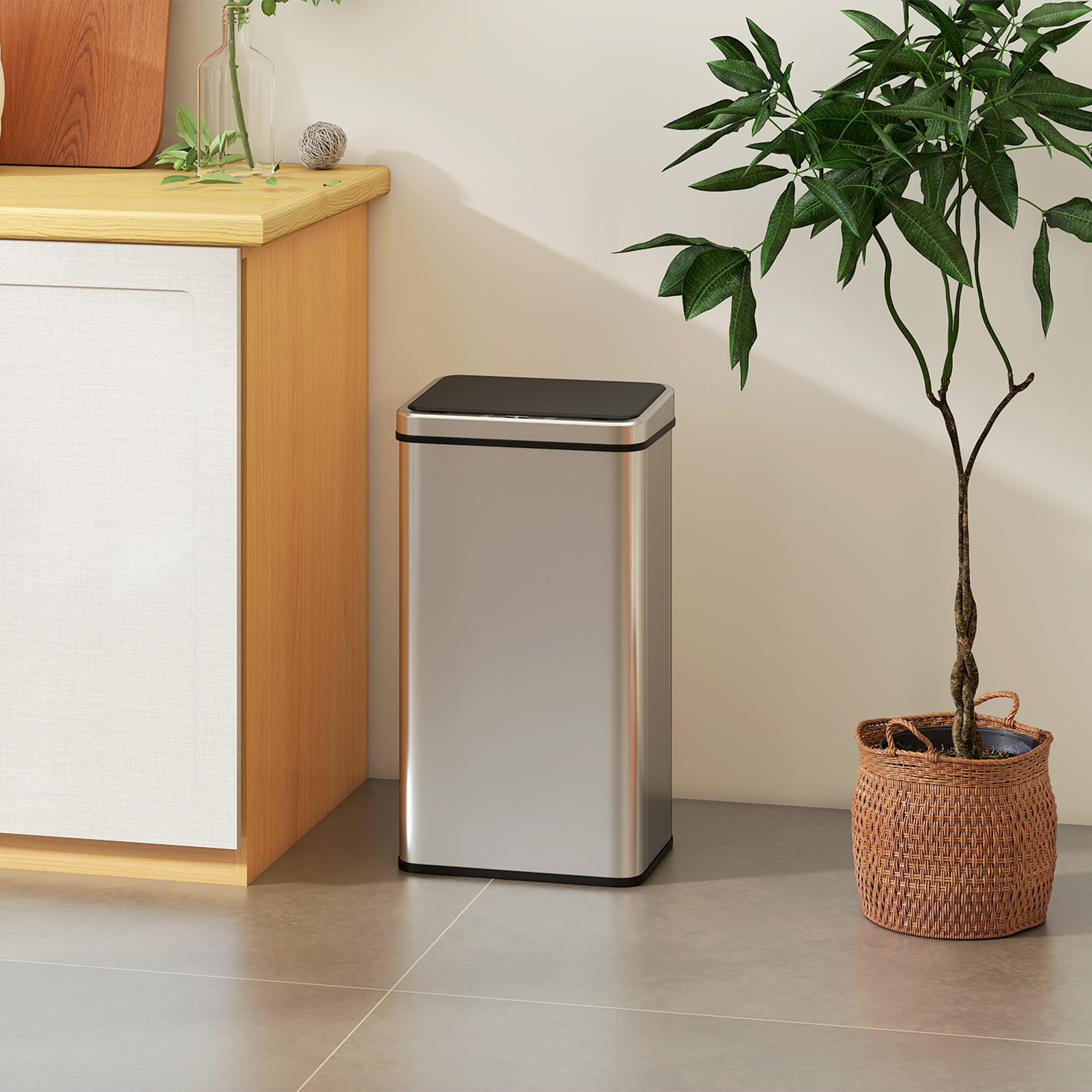 Homcom Pattumiera con Sensore 50L, Coperchio a Chiusura Ammortizzata, Pattumiera da Cucina Automatica in Acciaio Inossidabile, Argento   Aosom Italy