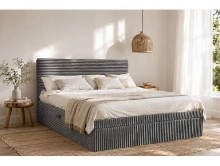 Kaiser Möbel - Bett 180x200 cm, Boxspringbett mit Bettkasten und Topper, Cord Schlafzimmerbett, Doppelbett mit Stauraum und Gepolstertes Kopfteil, Toppermatratze aus Viscoschaum - Trento - Dunkelgrau