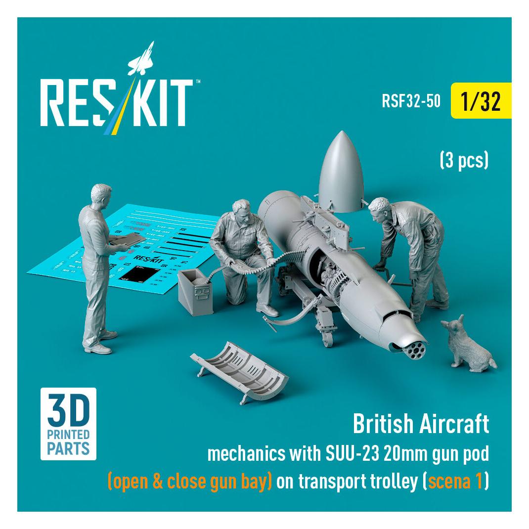 ResKit British Aircraft mechanics with SUU-23 20mm gun pod (open & close gun bay) on on transport trolley ( (RSF32-0050)
