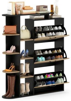 Costway Shoe Cabinet with Open Shelves Modern Shoe Organizer with 3 Flip Drawers-Black