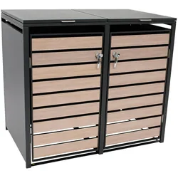 Mülltonnenbox BERLIN 132x80x116cm für 2x Tonnen 120 und 240 Liter, Stahl anthrazit mit Türen Holzoptik