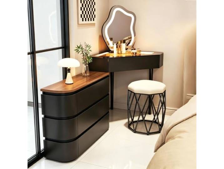 Dalumian Eck-Schminktisch mit Beistellschrank Beleuchtung für den Schminktisch, ideal für kleine Mädchenzimmer(Black,80cm)