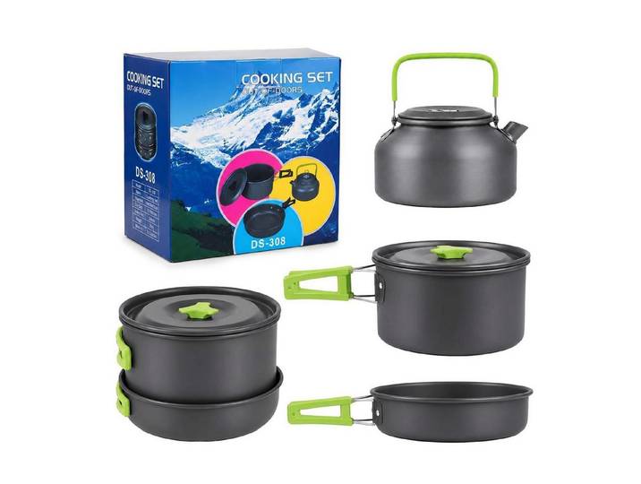 LuxusKollektion Geschirr-Set Camping Kochgeschirr Set Aluminium Grün, Metall