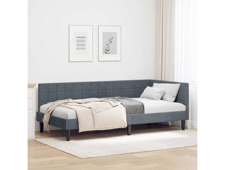 Samt Stoffbezug Schlafzimmer Eckbett Couch Funktion Dunkelgrau 100x200 cm Eckbettgestell mit Kopfteil Samt Dunkelgrau 100x200 cm L-Form Sofa Bett Lattenrost Schlafzimmer Couch