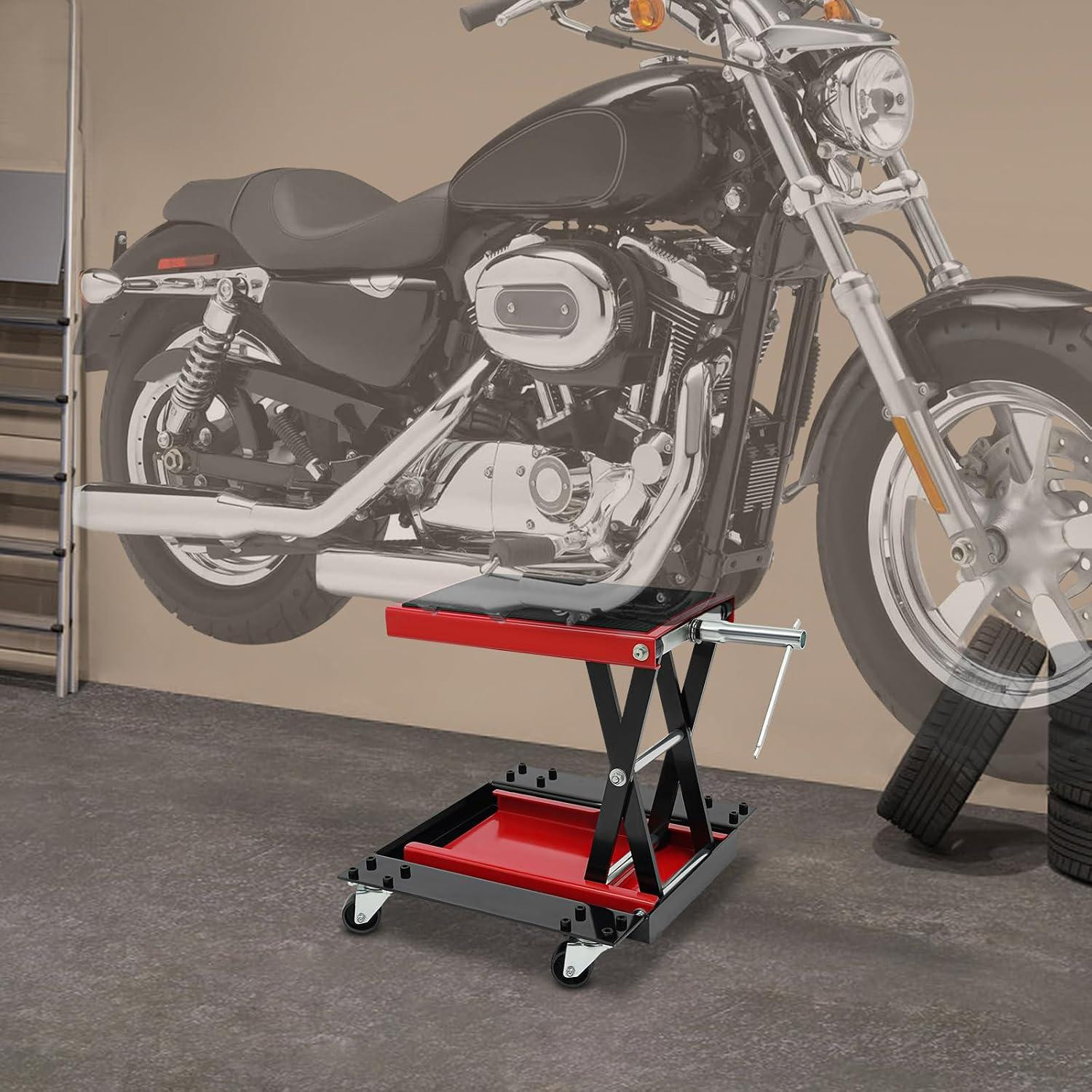 Hydraulische motorstandaard met transportwagen en wielen voor motorfietsen, garages en werkplaatsen