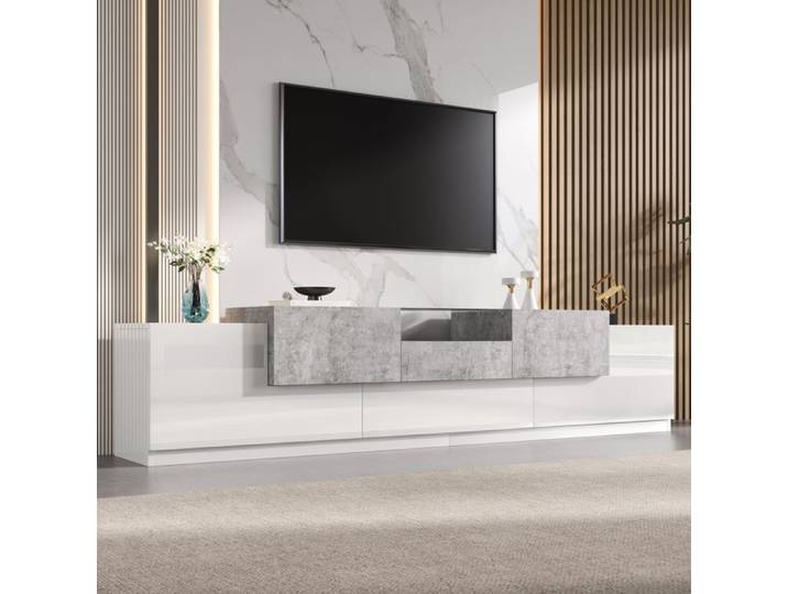 Meuble TV LEMONMAX Blanc et Gris Ciment Portes Latérales Tiroir Central Niche Ouverte avec Verre Trempé Passe-Câbles
