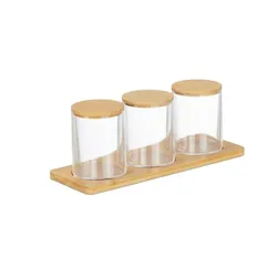 Relaxdays Wattestäbchenbehälter mit Tablett, 3 Becher m. Deckel, Kosmetik Organizer Kunststoff/Bambus, transparent/natur