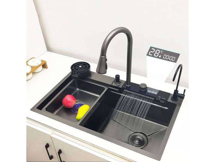 Évier de cuisine cascade LED en acier inoxydable 304, grand évier simple avec robinet cascade multifonction à poser sur le comptoir