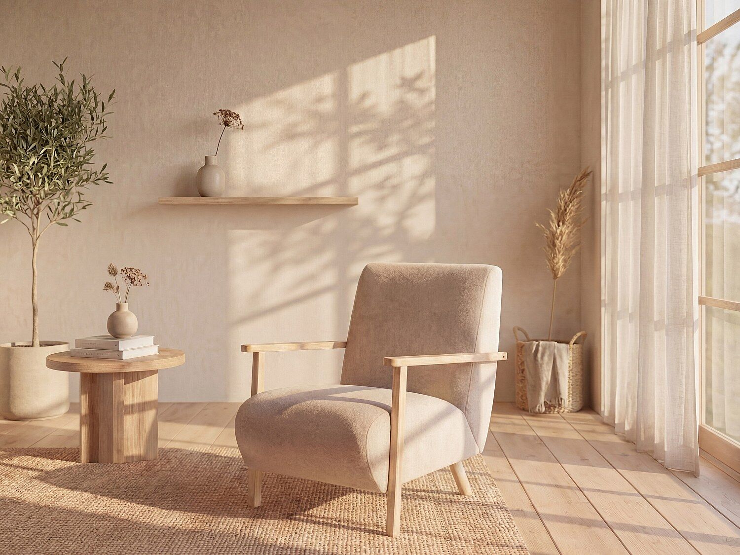 Unique Sillón de tela beige y madera JULOMO