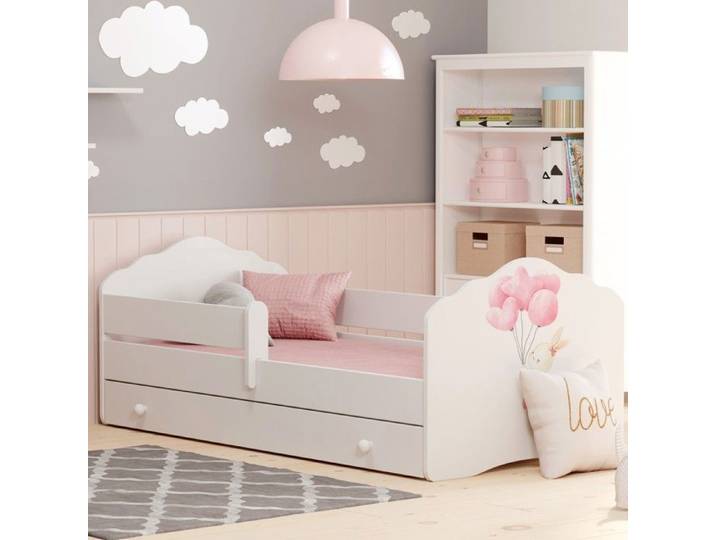 Lit enfant FALA 140x70 avec barrière matelas sommier et tiroir – avec illustration de lapin
