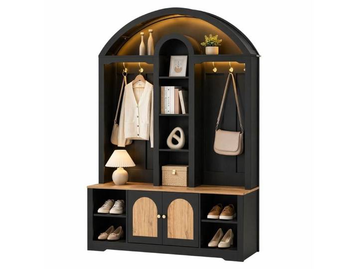 Garde-robe d'entrée – MDF – Noir et aspect bois – Arche – Crochets métalliques