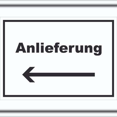 HB-Druck Anlieferung Schild mit Text und Richtungspfeil links Annahme waagerecht A1 (594x841mm)