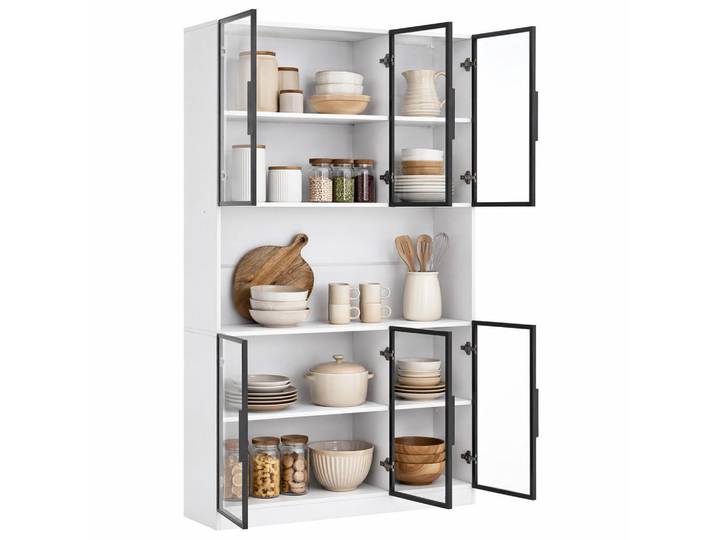 Stilvora Vitrine in Weiß Highboard mit 6 Türen, LED & Glasfront, Hochschrank für Wohnzimmer/Esszimmer, B120/T34/H200cm, Glas, Rechteckig,Rechteckig, 120x200x34 cm, Esszimmer, Vitrinen, Vitrinenschränke