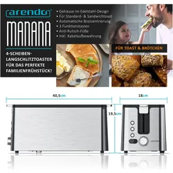 Arendo Frühstücks Set Edelstahl Wasserkocher 1,5l, Temperaturwahl & 4-Scheiben Langschlitz Toaster, Silber, Wasserkocher, Silber
