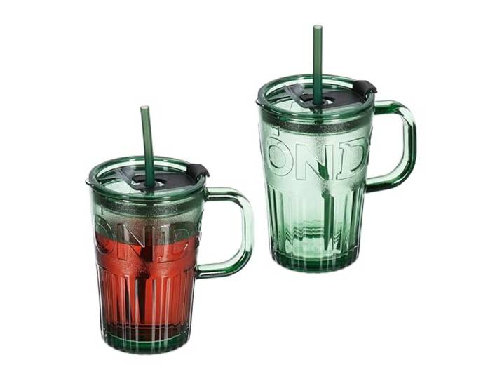 Relaxdays drinkglazen met handvat, set van 2, rietje en deksel, 450 ml, limonadeglazen, drinkopening, groen