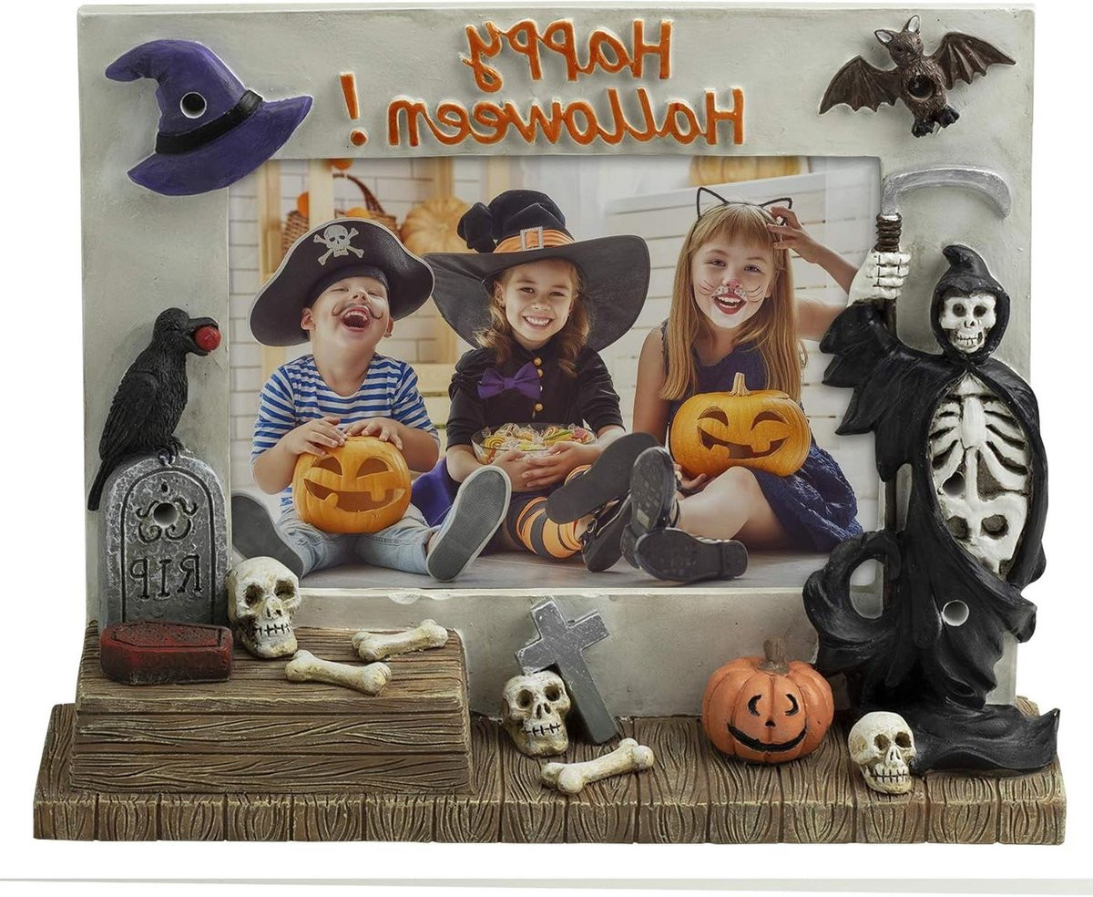 Zwarte Halloween fotolijst met skeletmotief en kleurveranderende lichten, 6x4 inch