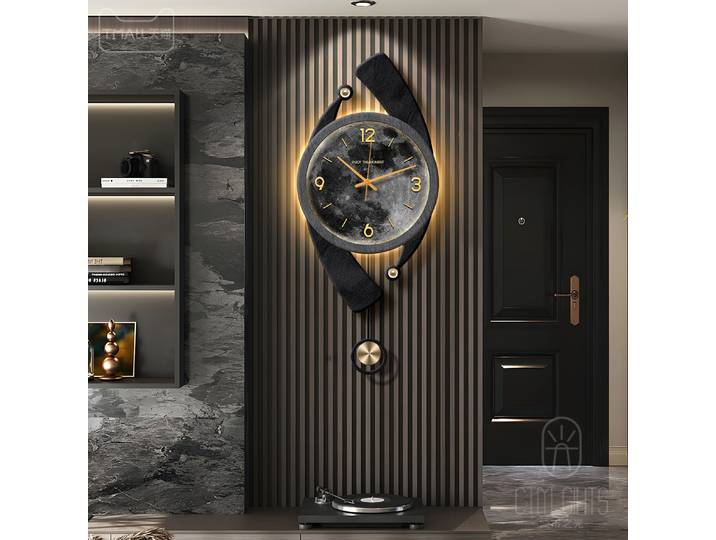 Horloge murale moderne de luxe en forme de lune, silencieuse, avec lumière LED, pour salon, mur de fond de télévision, décoration intérieure, veilleuse, design créatif