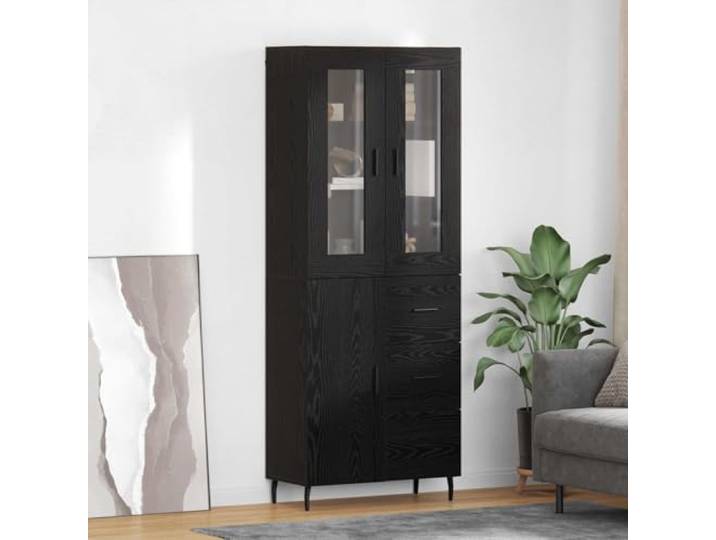 RJPLMFV Anrichte mit 2 Türen, Eiche, Schwarz, Holz Füße aus Eisen, Stangengriffe, für Wohnzimmer und Esszimmer, einfache Montage