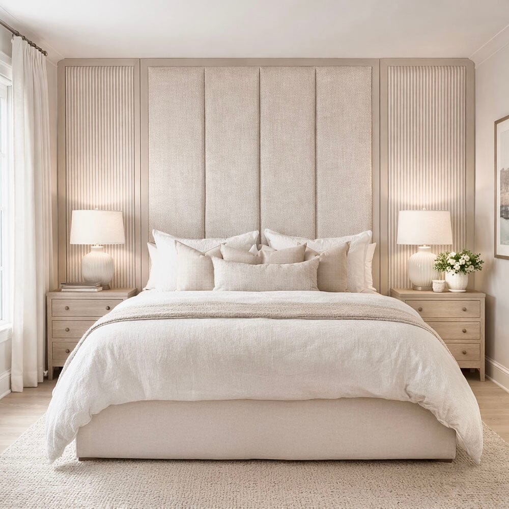 Harrington Natural Woven Channelled Headboard with Light Taupe Frame & Natural Striped Accent Wings, Emperor