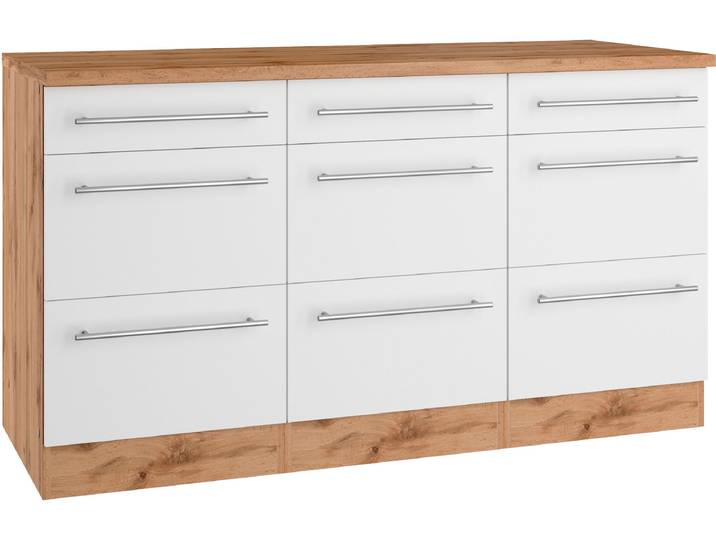 Unterschrank KOCHSTATION KS-Wien , weiß (weiß, wotaneiche), B:150cm H:85cm T:60cm, Schränke, Unterschrank, edel aussehende gestiftete Fronten