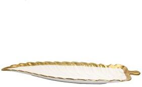 "Alice Pazkus 18.25""L Gold White Porcelain Leaf Dish with Gold Rim"