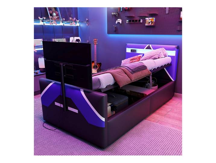 HAUSS SPOLE Polsterbett mit LED Jugendbett mit Stauraum Gamingbett mit TV-Halterung (LED-Farbwechsel, hydraulischem Stauraum & TV-Halterung – Multifunktionales Gaming-Bett, 90x200 cm), Inklusive Matratze