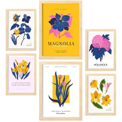 POSTER Set Mit 6 Blumen Magnolienblätter Natur Und Botanikdrucke Für Innenarchitektur A3 & A4 Schwarzer Rahmen