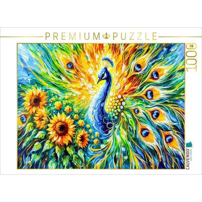CALVENDO Puzzle Abstrakter Pfau mit Sonnenblumen in farbenfroher Ölmalerei | 1000 Teile Lege-Größe 64x48cm Foto-Puzzle für glückliche Stunden