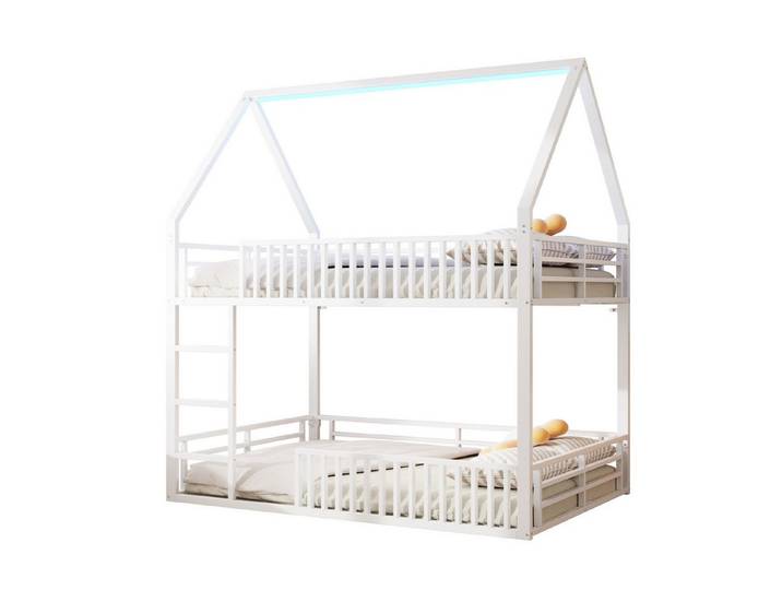 MODFU Etagenbett Kinderbett,Gästebett,Jugendbett (140x200 cm Haus-Etagenbett mit LED-Licht & Zaunstil-Geländer – Kinderfreundliches Design mit Spielbereich., 1-St)