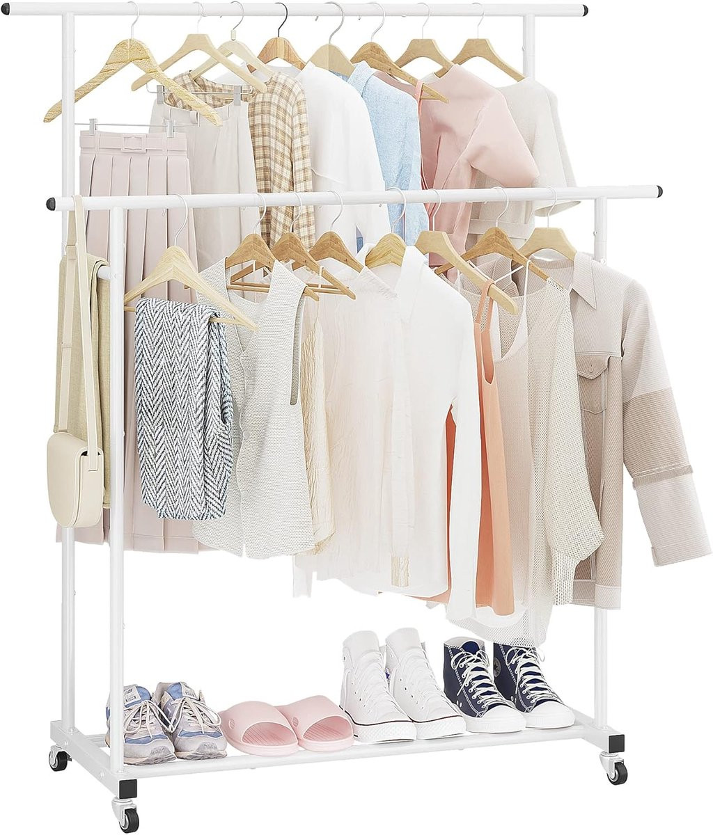 Kledingrek met dubbele stang - Draagbare kledingorganizer - Wit