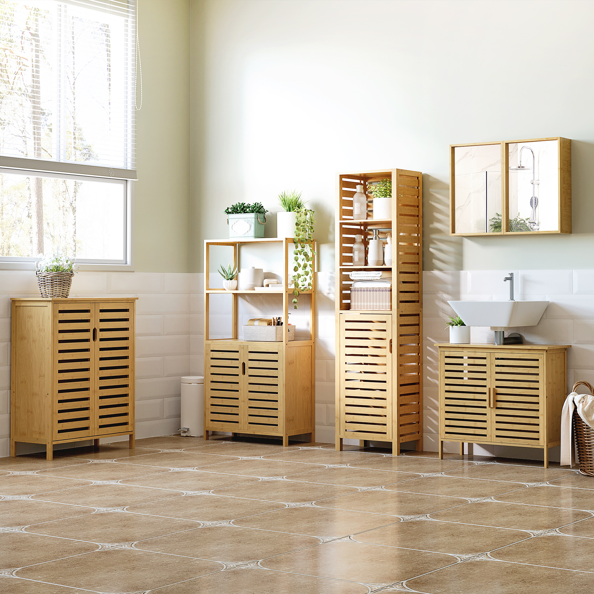 Kleankin Mobile Bagno Moderno a 2 Ante con 2 Ripiani Ventilati in Bambù, 68x32x86 cm, color Legno Aosom